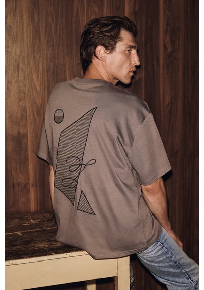 Grimelange Asela Erkek Ön Ve Arkası Nakış Detaylı Kısa Kollu Gri T-shirt