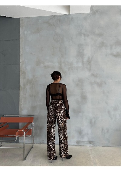 Zeo Basic Wide-leg Pantolon Leopar Desenli Kahverengi
