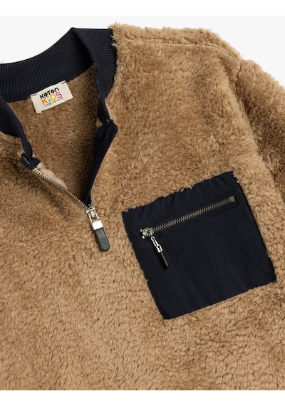 Koton Peluş Sweatshirt Yarım Fermuarlı Bisiklet Yaka Cep Detaylı Uzun Kollu Kahverengi 5wkb10493tk Kahve