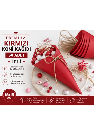 Premium Kırmızı Koni Kağıdı 50 Adet İpli Hediyelik İkram Ve Şeker Sunum Külahı