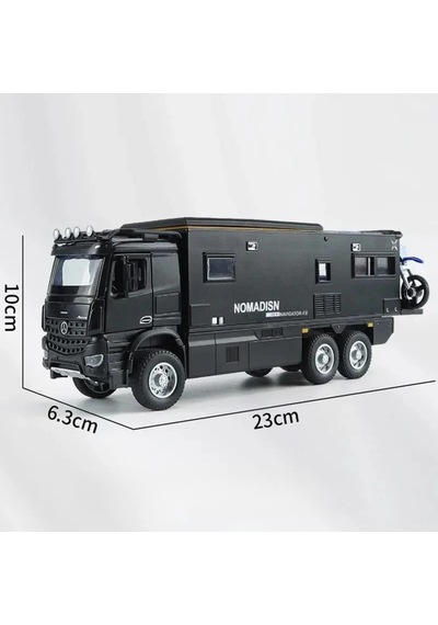 Motosikletli Karavan Kamyon Modeli - 23 Cm Sesli Işıklı, Açılabilir Tavanlı Çek Bırak Metal Kamp Oyuncağı