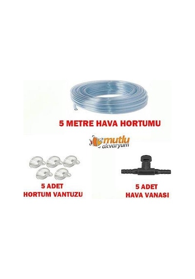 AKVARYUM HAVA HORTUMU 5 METRE + 5 ADET VANTUZ + 5 ADET VANA