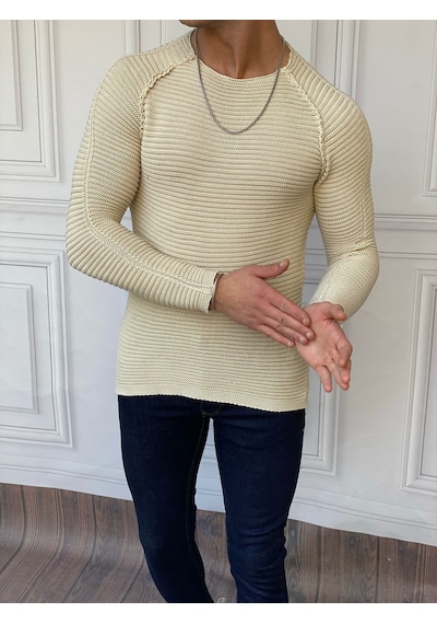 Modefendi Slim Fit İtalyan Kesim Pamuk Açık Yaka Kazak Krem
