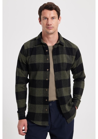 Tudors Erkek Slim Fit Dar Kesim Kareli Kışlık Oduncu Gömlek-42332 Haki