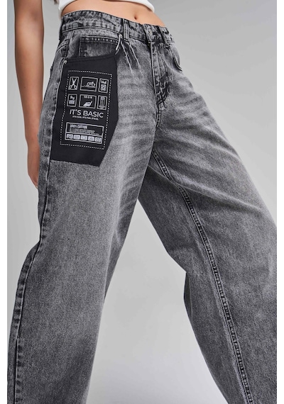 Itsbasic Kadın Füme Renk 2s5-73 %100 Koton Cep Detaylı Baggy Fit Denim Jean