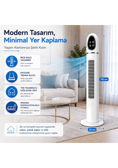 Kule Tipi Vantilatör 45 İnç, Uzaktan Kumandalı, 3 Hız Kademeli, 3 Modlu Normal/doğal/uyku , Salınımlı, Dokunmatik Kontrollü, 24 Saat Zamanlayıcılı, Beyaz