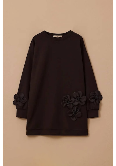 Kadın Çiçek Detaylı Cepli Sweatshirt - Siyah Siyah