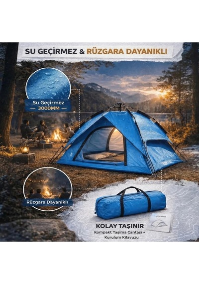 4 Kişilik Otomatik Kamp Çadırı Çift Katmanlı, Suya Dayanıklı, Hızlı Kurulum Outdoor Aile Ve Doğa Ç Çok Renkli