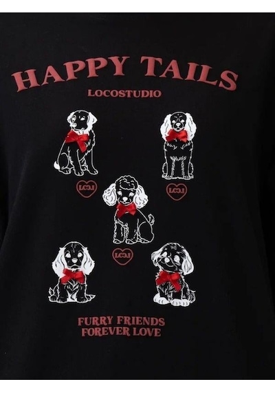 Zekids Kız Çocuk Oversize Köpek Baskılı Tasarım T-shirt-15806 Siyah