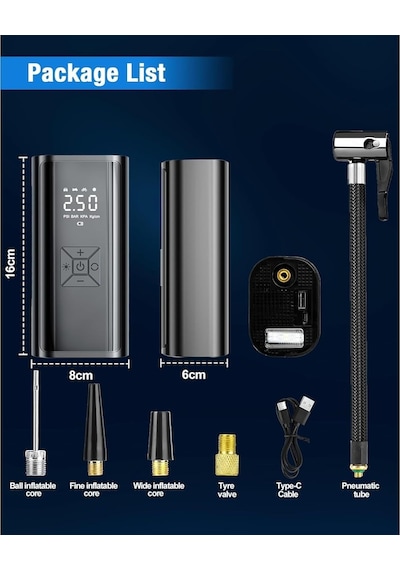 Tr Şarjlı Lastik Şişirme Hava Kompresörü, 150 Psı Dijital Lcd Ekranlı, 6000 Mah Bataryalı, Powerbank Özellikli, Genel