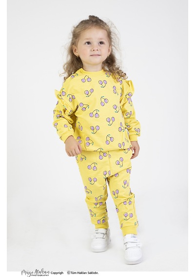 Harika Kids Kız Bebek&çocuk İki İplik Kumaş Kiraz Desenli Orta Kalınlıkta Örme Basic Oversize Alt Üst Eşofman Takımı 001