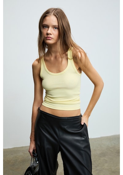 Ethıquet Lıllesol Kadın Fitilli Görünümlü Slim Fit Vücuda Oturan Havuz Yakalı Pamuklu Basic Sarı Atl SARI