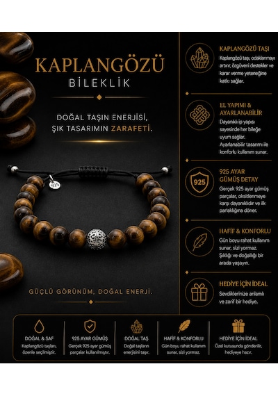 Kaplan Gözü Doğal Taşlı 8mm - 925 Ayar Gümüş Detaylı Makrome Örgülü Erkek Bileklik Hediye Kutulu