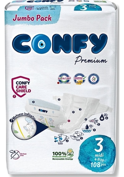 Confy Premium Bebek Bezi 3 Numara Midi  4 - 9 Kg 108 Adet