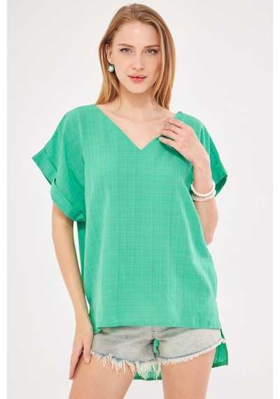 Armonika Kadın Açık Yeşil V Yaka Yanları Yırtmaçlı Arkası Uzun Duble Kol Detaylı Oversize Bluz Arm-24y001074