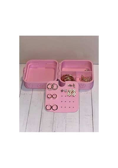 Pembe Çiçek Kabartmalı Takı Ve Mücevher Kutusu - Bölmeli Küpelik Yüzüklük Organizer 88x183x33 Mm Pembe