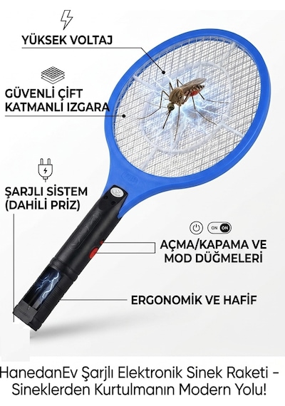 Şarjlı Sinek Raketi Elektronik Sivrisinek Ve Karasinek Öldürücü Raket Sinek Savar Şarj Edilebilir