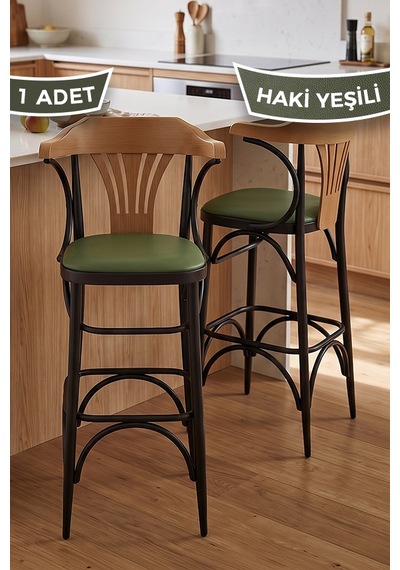 Salex Serisi 1 Adet 75 Cm Mutfak Bar Sandalyesi Suni Deri Kumaş Siyah Metal İskeletli Haki Sandalye Siyah Ayak