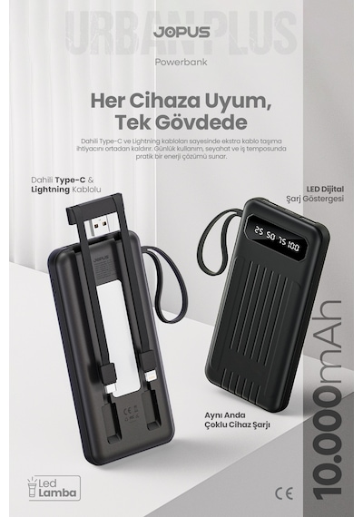10000mah Powerbank Dahili Kablolu, Lcd Ekranlı, Led Lambalı, Taşınabilir Şarj Cihazı Siyah