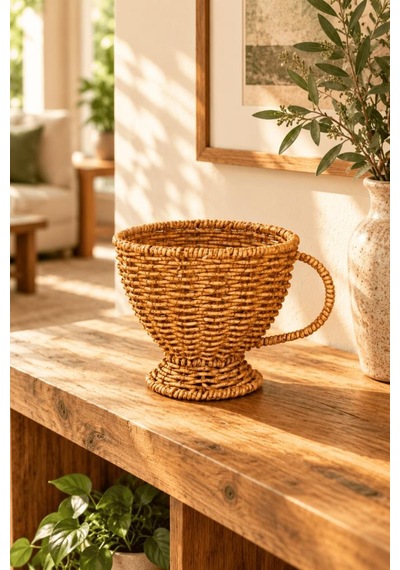 Atbyhome Doğal Hasır Rattan Kupa Formunda Ayaklı Sepet 15x13 Cm - Kulplu Masa Üstü Ekmeklik Ve Meyvelik Kahverengi