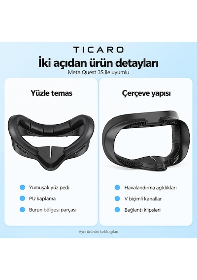 Tıcaro Meta Quest 3s İle Uyumlu Pu Yüz Pedi Ve Arayüz Çerçevesi, Siyah