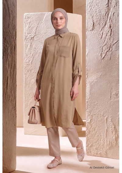 Armine Trend Kol Ve Cep File Detaylı Gizli Düğmeli Tunik Camel 26yt458