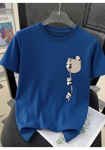 Sevimli Panda Grafikli İpli Cep Detaylı Kısa Kollu Oversize Unisex Bisiklet Yaka Tişört Sax Mavısı Sevimli Panda Grafikli İpli Cep Detaylı Kısa Kollu Oversize Unisex Bisiklet Yaka Tişört Sax Mavısı