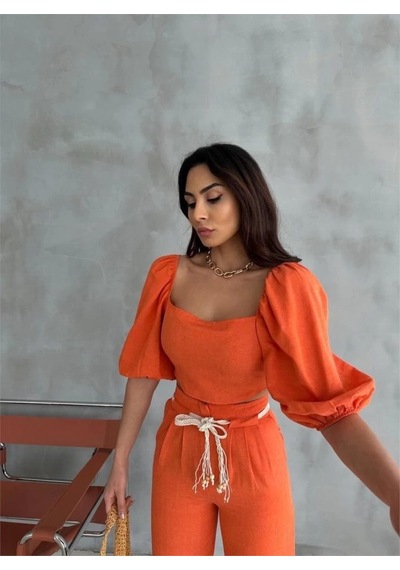 Defymoda Keten Crop Karpuz Kol Bluz-pantolon Hasır Kemerli - Orange Orange Turuncu