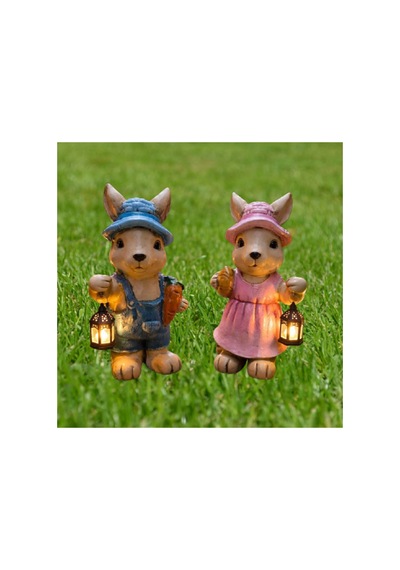 Led Fenerli Sevimli Tavşan Biblo Seti Bahçe & Balkon Işıklı Polyester Tavşan Figür 2 Li Set