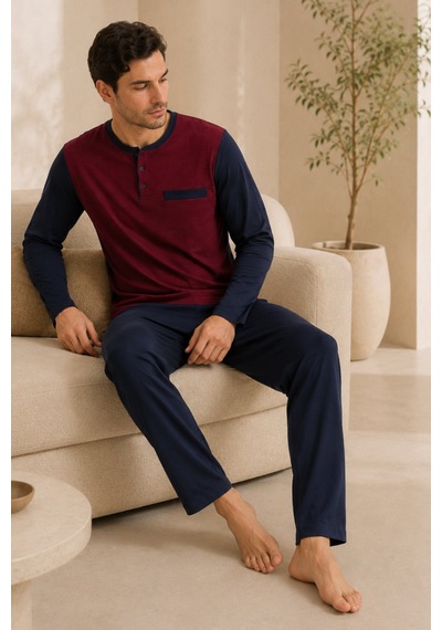 Loule Erkek Bordo Jakarlı Penye Yazlık Kışlık Pijama Seti 4 Parça
