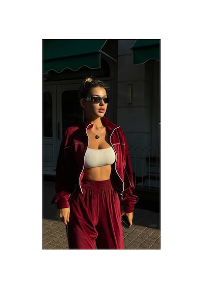 Mayrem Kadın Biyeli Oversize Kadife Eşofman Takım Bordo