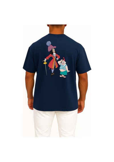 Bahriyeli Collection Oversize Tinker Bell Captain Hook Peter Pan Smee Poster Cep Ve Sırt Tasarımlı Unisex T-shirt Lacivert