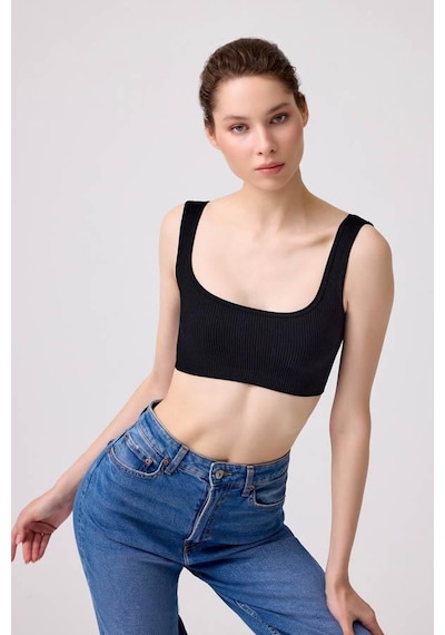 Cottonhill Premium - Kadın Siyah Seamless Kare Yaka Crop Top Büstiyer Siyah