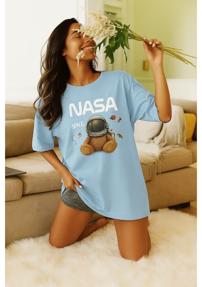 Ayıcık Baskılı Oversize Beyaz T-shirt Bebe Mavisi