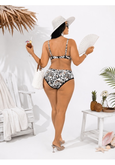 Büyük Beden Sabit Pedli Luplu Leopar Desenli Toparlayıcı Yüksek Bel Kadın Bikini Takım Bej