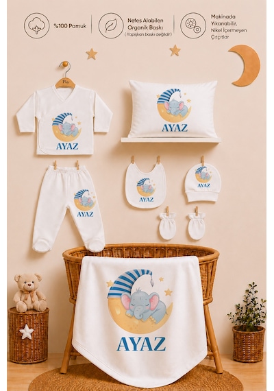 Pia Baby Erkek Bebek Yeni Doğan Hastane Çıkışı 11 Parça İsimli %100 Pamuk Organik Baskılı Set 2019113x Ekru