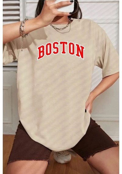 Flood Of Style Unisex Boston Baskılı T-shirt Bej