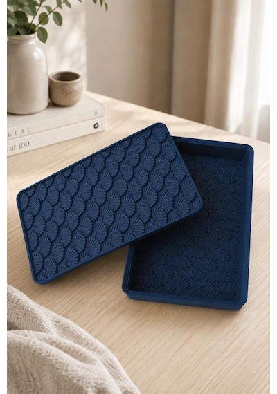 Desenli Kapaklı Dekoratif Kutu Masa Üstü Organizer Takı Aksesuar Saklama Kutusu Pla 20x12.5 Cm Lacivert