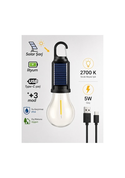 Taşınabilir Askılı Ampul Kamp Lambası,solar Ve Usb Type-c Şarjlı Led Ampul Lamba,su Geçirmez,iç/dış Mekan,kamp,çadır,bahçe,aydınlatma Şeffaf
