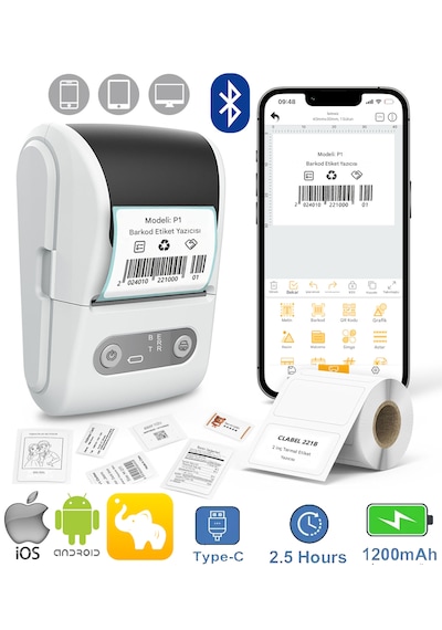 Mpia P1 Etiket Yazıcısı Termal Kablosuz Eleph-label App Android Apple Uyumlu iOS