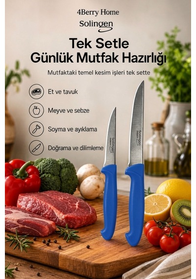 Solingen 2 Li Paslanmaz Çelik Mutfak Bıçağı Seti Et, Meyve Ve Sebze Bıçağı Mavi