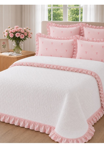 %100 Pamuk Tek Kişilik Fırfırlı Pike Seti----uh-pike-11 Beyaz - Pembe