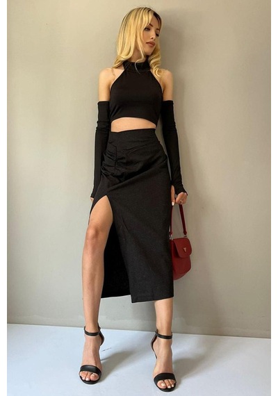 Madmext Siyah Basic Midi Boy Büzgülü Keten Etek Mg1540