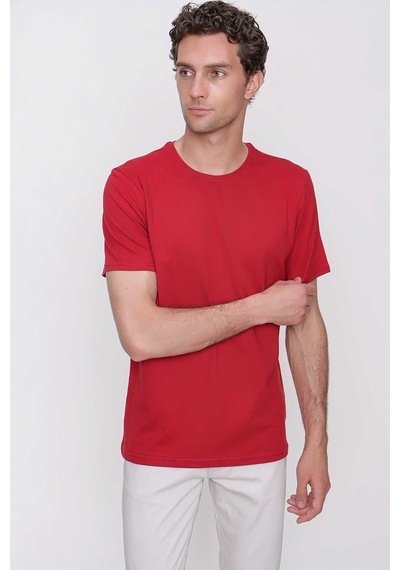 Erkek Bordo Basic Düz %100 Pamuk Bisiklet Yaka Slim Fit Dar Kesim Kısa Kollu Tişört Bordo