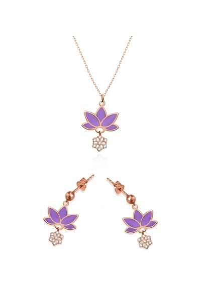 Papatya Silver 925 Ayar Gümüş Rose Kaplama Parlayan Rüya Serisi Tasarım Ebruli Mor Cam Boyalı Lotus Set