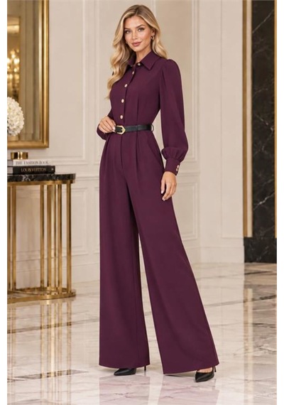 Neşeli Butik Kadın Mürdüm Balon Kol Kemerli Gömlek Yaka Krep Kumaş Tulum Nbk5006