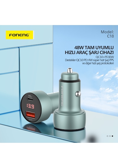 Foneng C18 48W 1xUsb 1xType-C Giriş Dijital Göstergeli Araç içi Çakmaklık Şarj Aleti