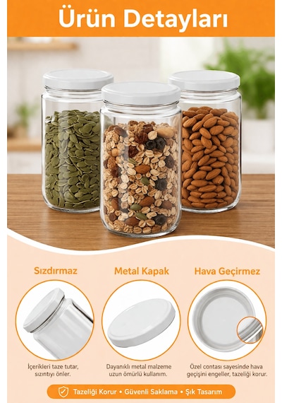 6 Adet 660 Cc Cam Kavanoz Beyaz Metal Kapaklı 660 Ml Sosluk, Konserve Ve Saklama Kavanozu Seti Şeffaf