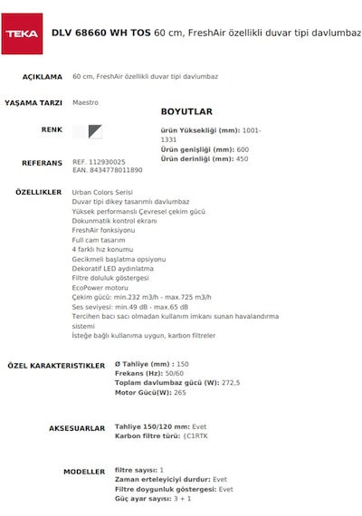 Teka DLV 68660 WH Duvar Tipi Davlumbaz 112930025