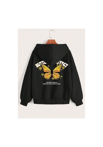 Tarzsokak Coke Serisi Slogan & Butterfly Print Drop Shoulder Drawstring Zipper Thermal Lined Hoodie Siyah